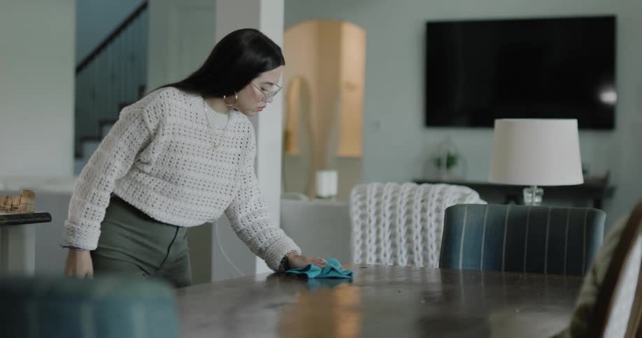 A young woman sprays cleaner on a table and wipes it with a cloth