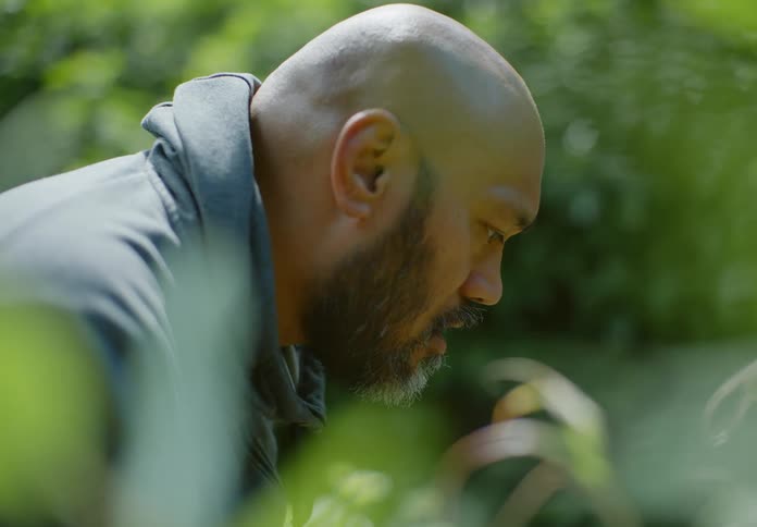 Bearded man in the middle of a garden talking