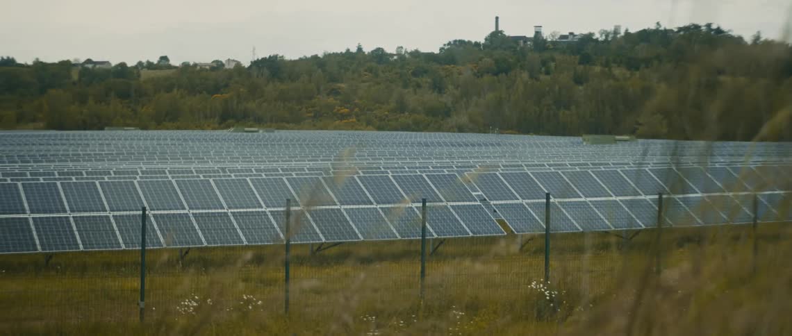 Rows of solar panels are in the farm