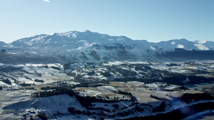 Aerial view of a snow capped Coronet Peak Ski Field in Queenstown New Zealand