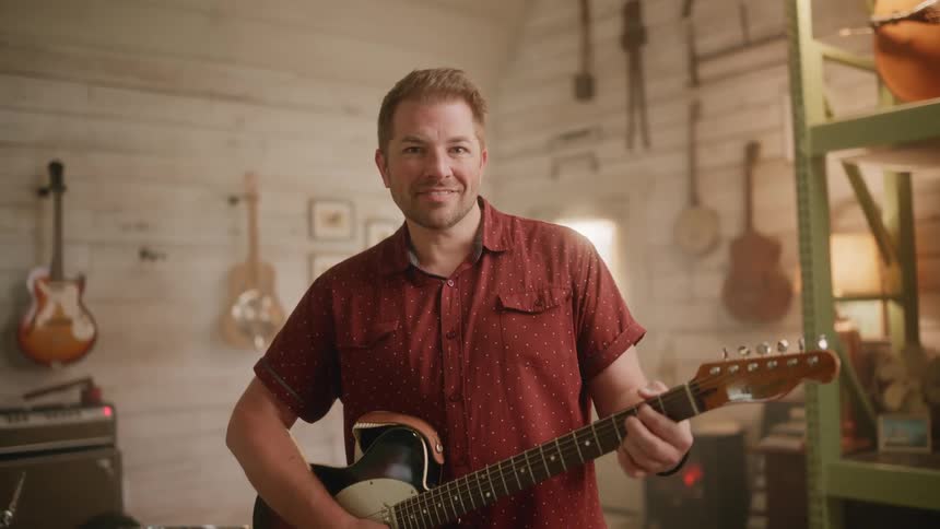 A man is smiling as he plays the guitar