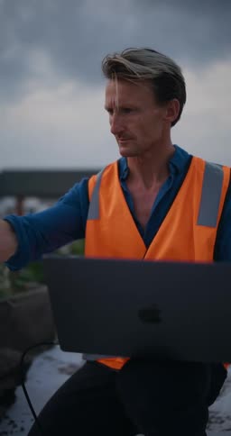 Man in an orange vest working while using a laptop outdoors on a cloudy day