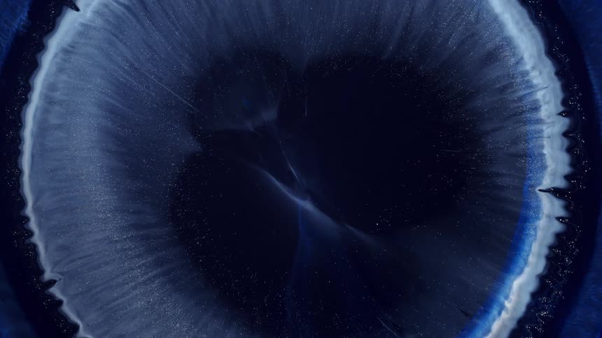 An expansive movement of a circular shape with blue particles on a black background