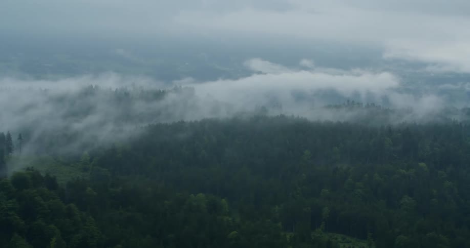 Aerial scenery of greenish mountains with forests on a cloudy day