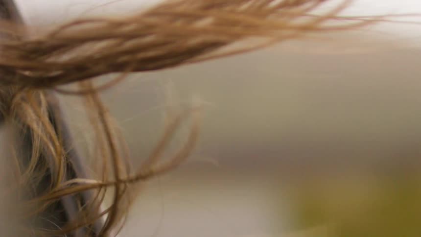 The woman's hair blows in the wind