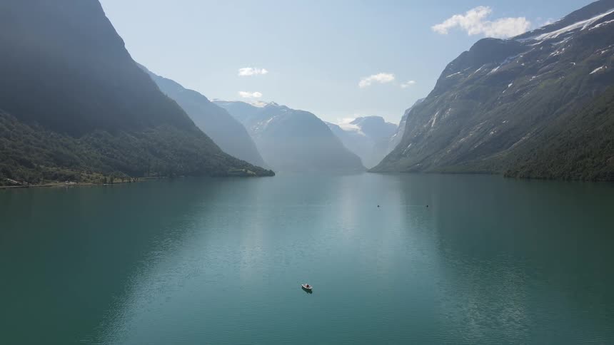 Aerial landscape of a calm blue lake with mountains around