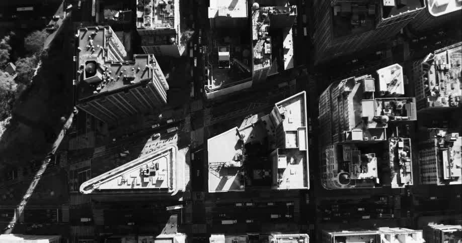 An aerial view of a downtown metropolitan cityscape