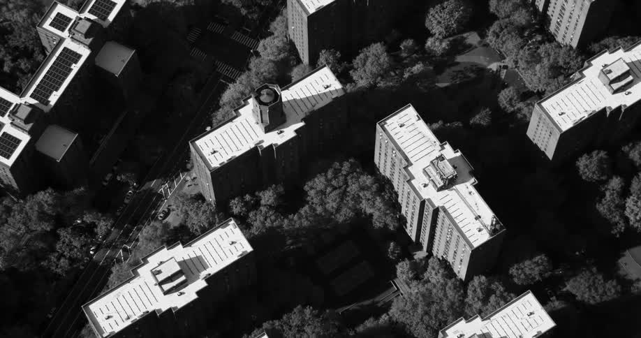 An aerial black and white footage of stuyvesant town in new york city
