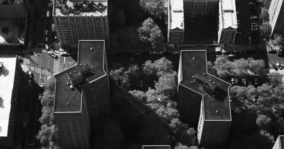 An aerial view of a downtown metropolitan cityscape
