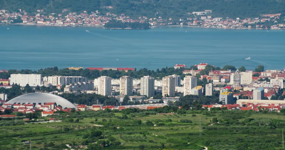 A city and suburbs on a coast