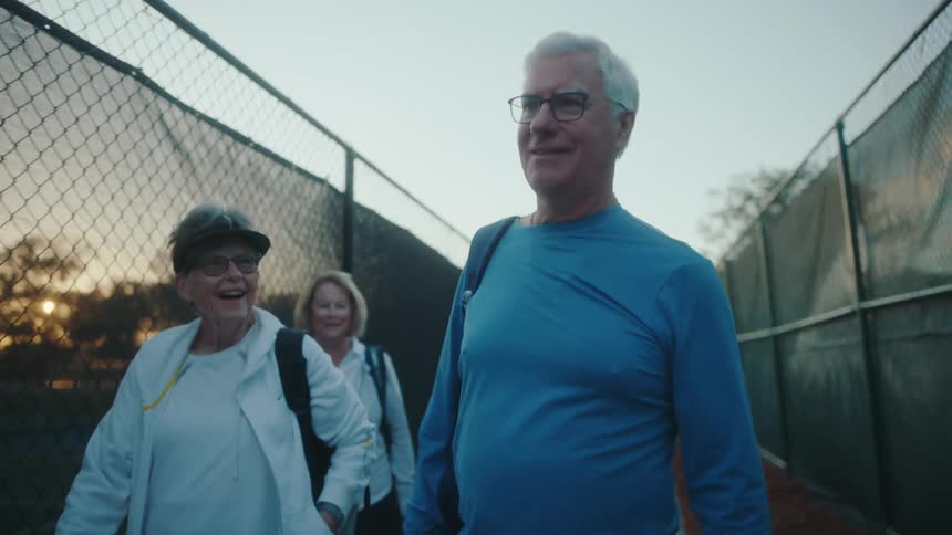 Four elderly people walking between tennis courts with their sports gear