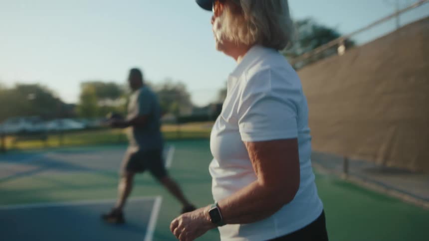An elderly woman serving the ball in a pickleball game