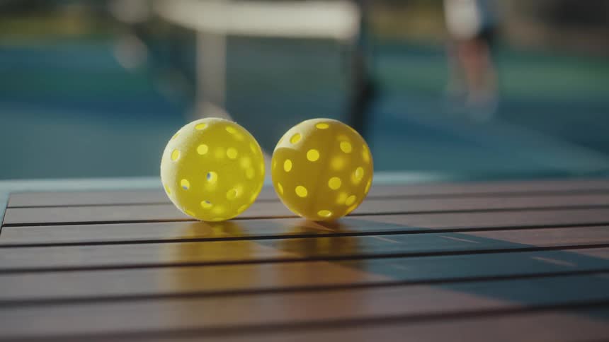 Two yellow pickleballs and a moving person in the background