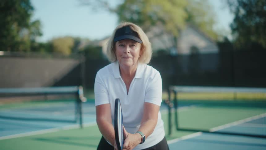 A smiling elderly woman holding a pickleball paddle on a court
