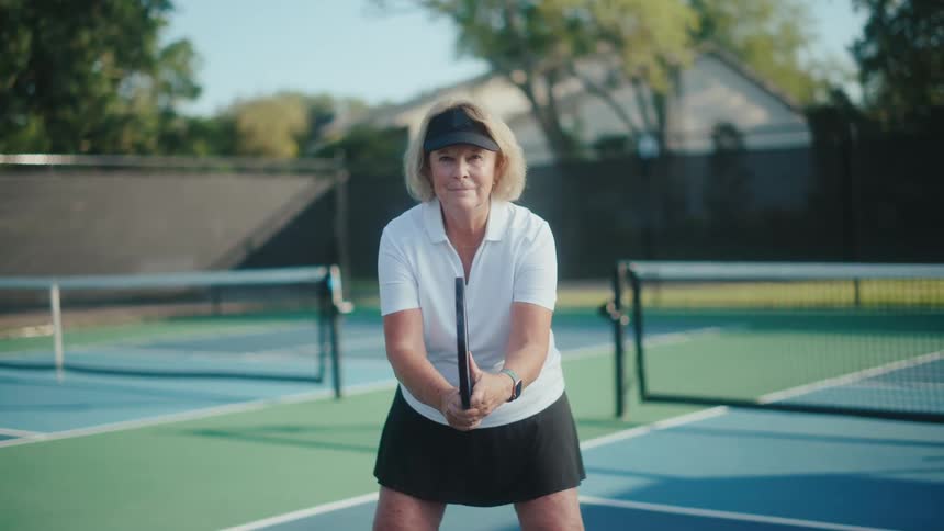 A woman is holding her pickleball paddle on the court