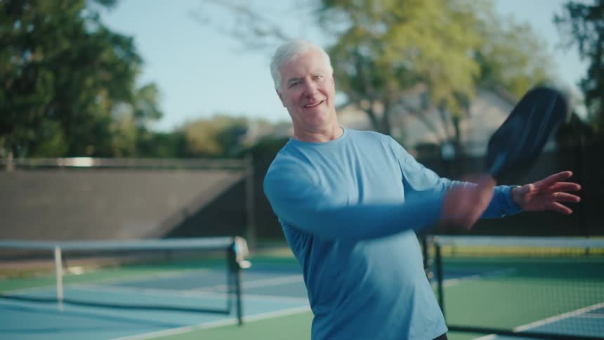 An elderly man smiling as he makes a swing with his pickleball paddle