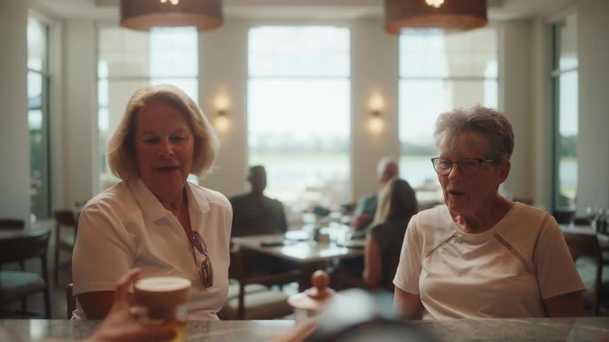 Two elderly women seated at the bar and then someone hands them drinks