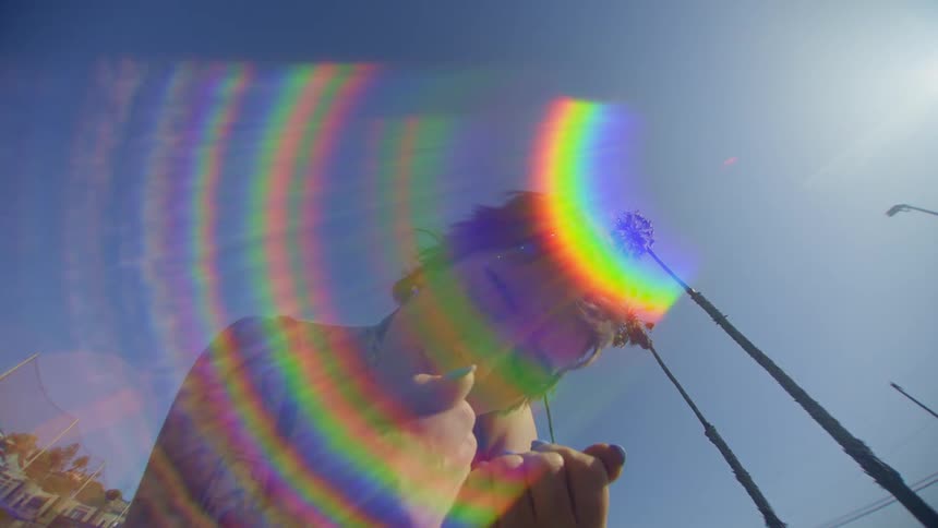 A young man and woman making gestures with their hand in contrast to a blue sky and a colorful flare of sunlight
