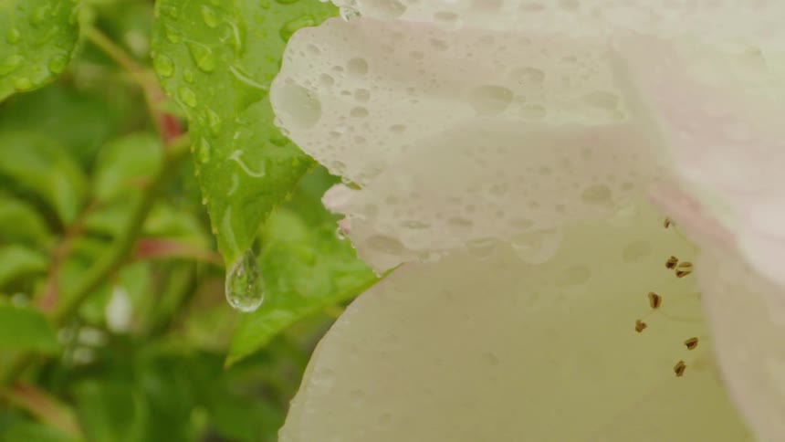 Green leaves and white petals with water drops