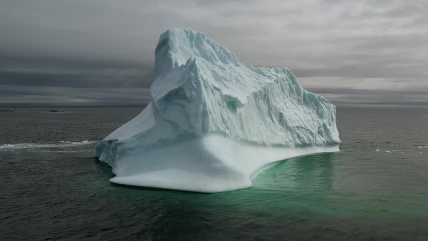 Large blue iceberg and smaller sea ice float through slightly reflective water under an overcast sky