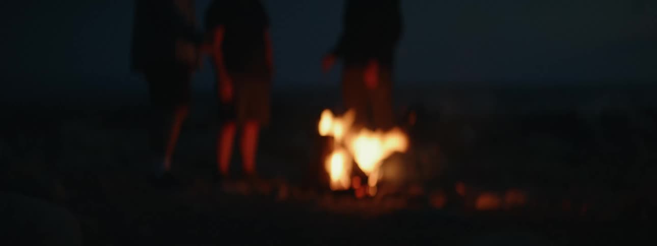 Male friends stand outdoors near campfire at night