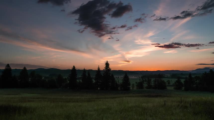 Landscape of conifer trees and mountain silhouettes on the horizon and the dawning day