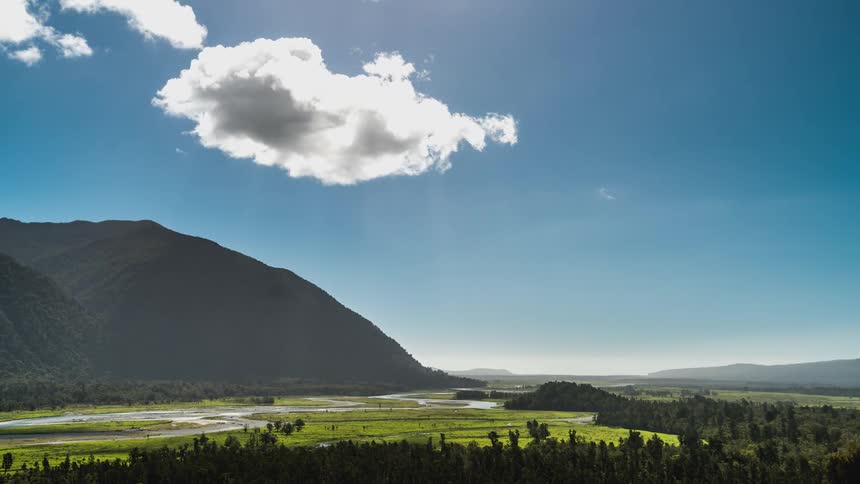A forest runs near the mountains