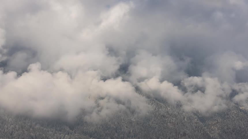The mountain is covered in trees and clouds