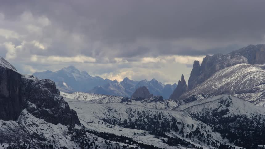 Clouds passing over a snow covered mountain range