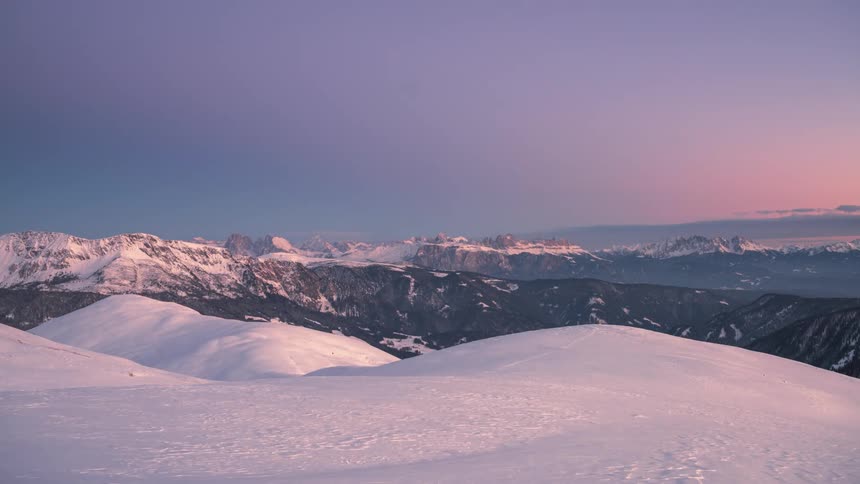 Snowy mountain range with the day getting dark