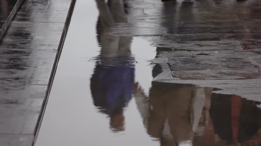 Several people step over a puddle