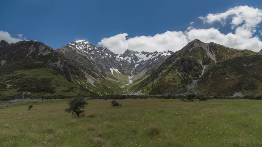 The mountains and field are green