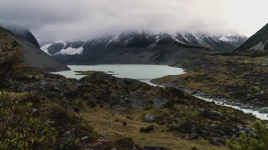 Lake surrounded by snowy mountains on a cloudy day