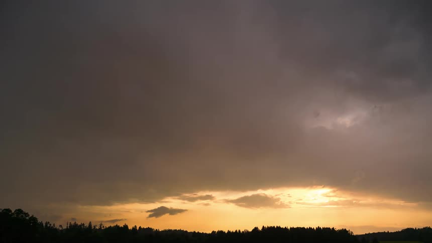 Dark clouds roil the sky over a forest