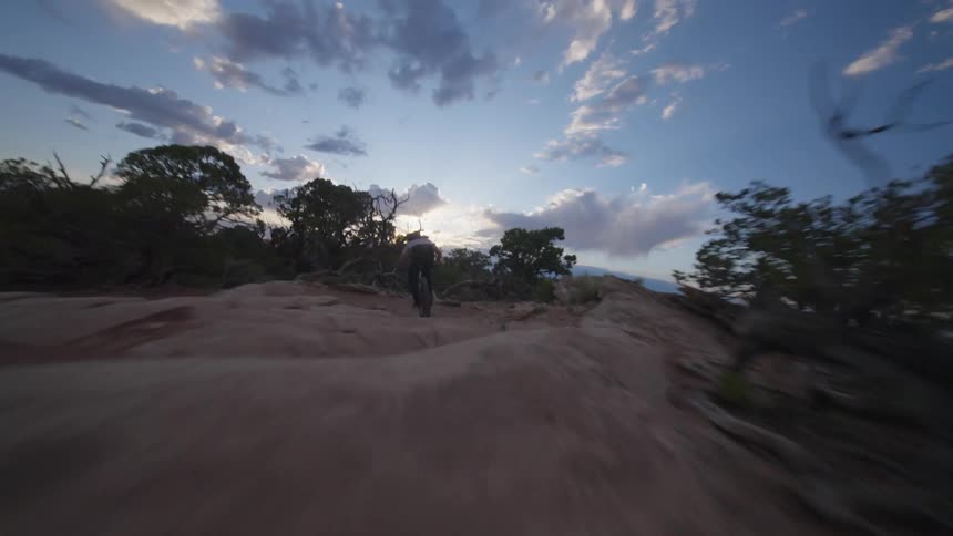 Person mountain biking in canyon