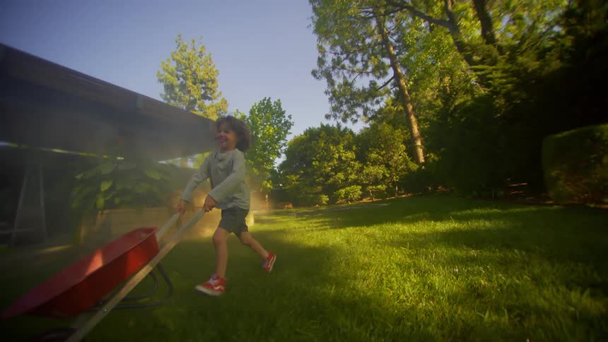 A little boy is running on a lawn happily pushing a red wheelbarrow