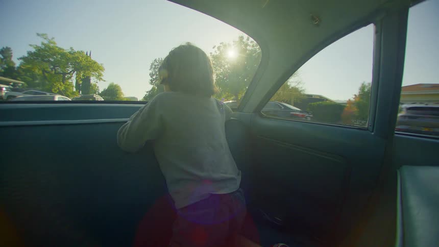 A young child looks out the back window of a car