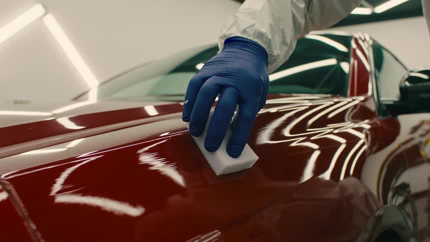 Hand with a glove applying gel to the front of a red vehicle