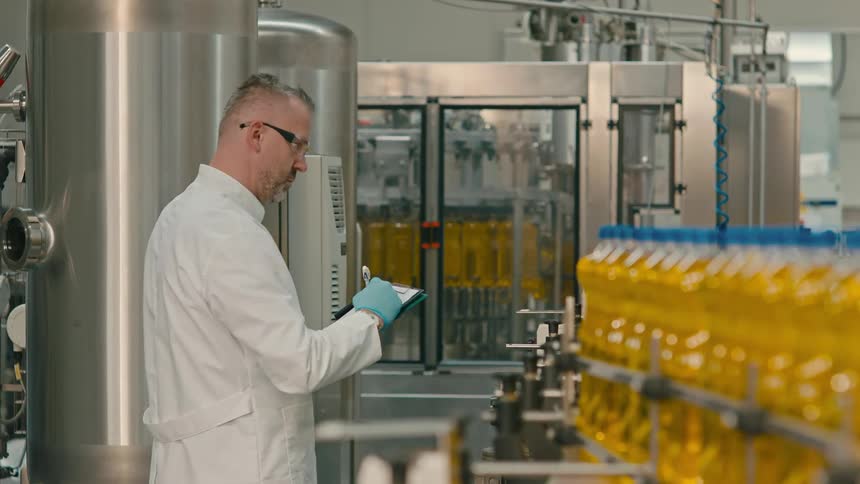 Factory workers next to rows of transparent plastic bottles filled with vegetable oil
