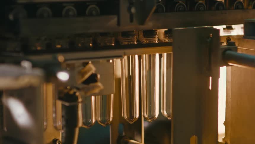 Close up of a production line machine carrying plastic bottles