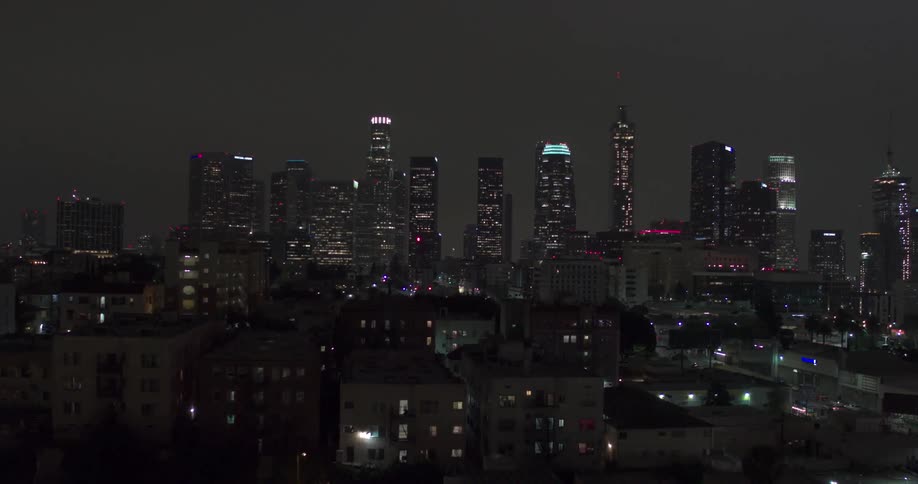 A city skyline lit up at night