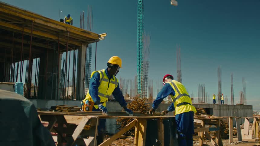 Men in protective clothing and helmets working on a construction site