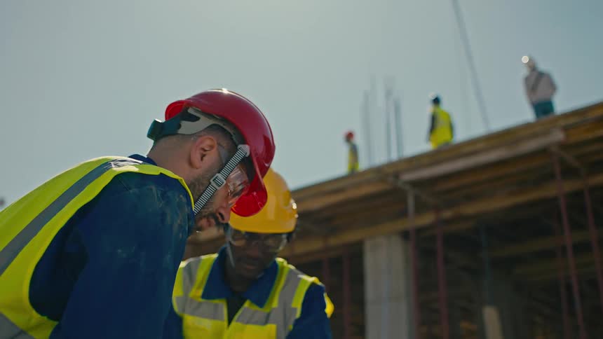 Two construction workers bending metal structures with a machine