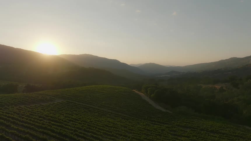 Aerial panorama of an agricultural field on a hill surrounded by mountains with the sun on the horizon