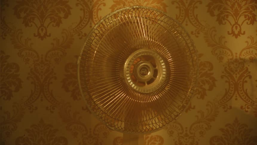 Fan rotates in front of yellow and tan wallpaper and a person walks in front of it