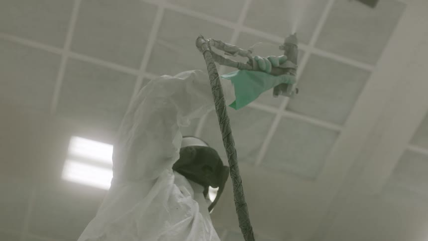 Person wearing a mask and protective clothing using a tool applying white paint