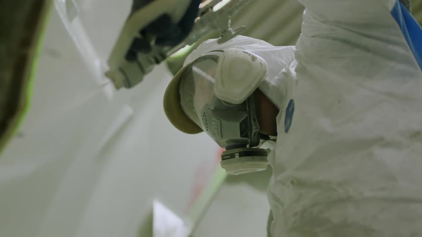 An employee applies a spray to metal in a factory