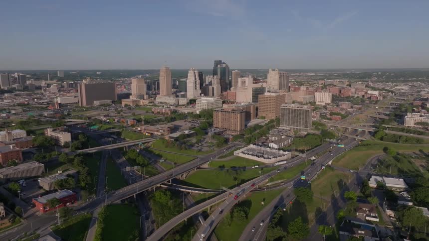 An aerial view of a downtown metropolitan cityscape