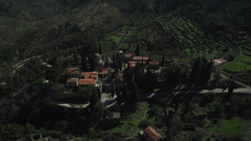 View from above of a town with fields around it