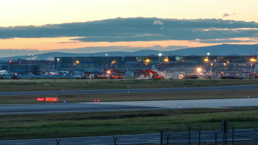 Airport under construction during twilight